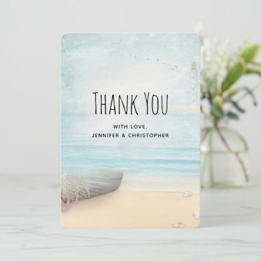 Rustikale Strandlandschaft mit Boot Danke Karte (Stehend Vorderseite)