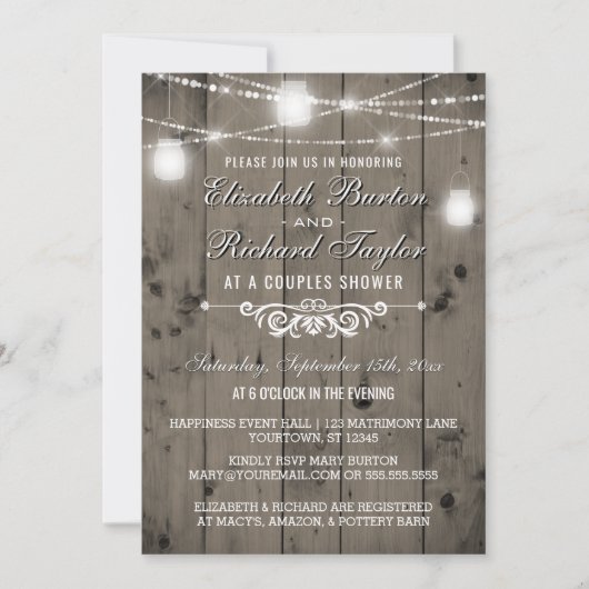 Rustikale Streichelleuchten Mason Jars Paare Dusch Einladung (Vorderseite)