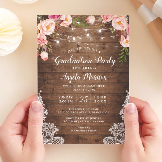 Rustikale Streichellichtblumen-Foto-Graduierungspa Einladung