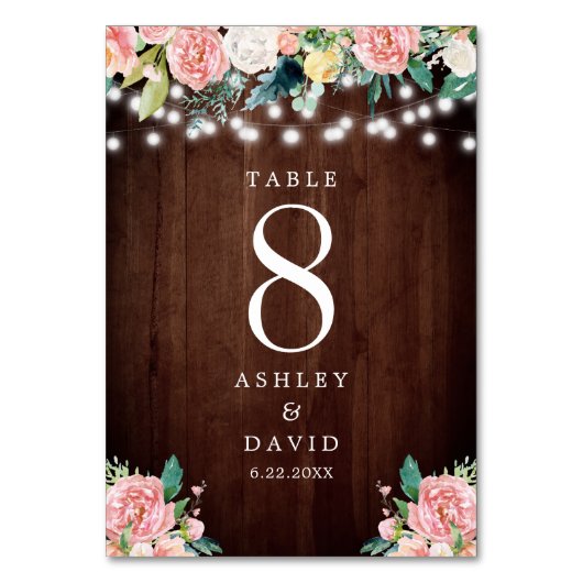 Rustikale Streichellichtblüten Rosa Blumenzehen Tischnummer (Vorderseite)