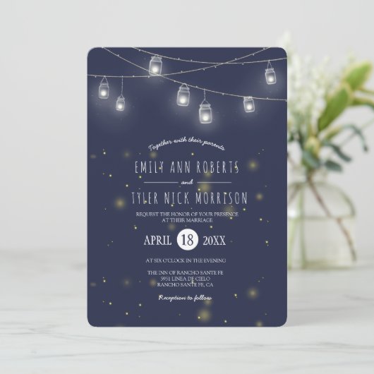 Rustikale Streicher von Mason Jars Fireflies Hochz Einladung (Stehend Vorderseite)