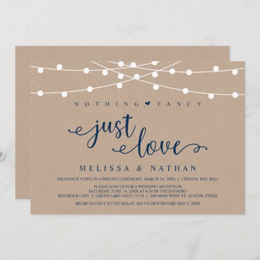 Rustikale Streichlichter, Kraft Navy Blue, Eloptio Einladung (Vorne/Hinten)