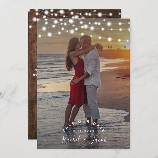 Rustikale String-Lichter, die das Date-Foto sicher Save The Date (Vorne/Hinten)