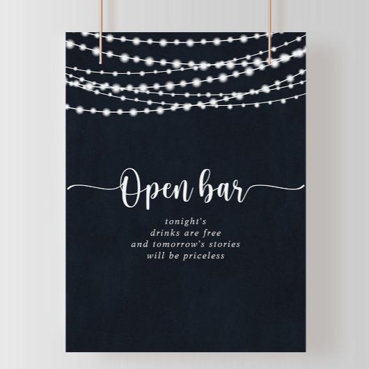 Rustikale String-Lichter Hochzeitung Open Bar Sign Poster
