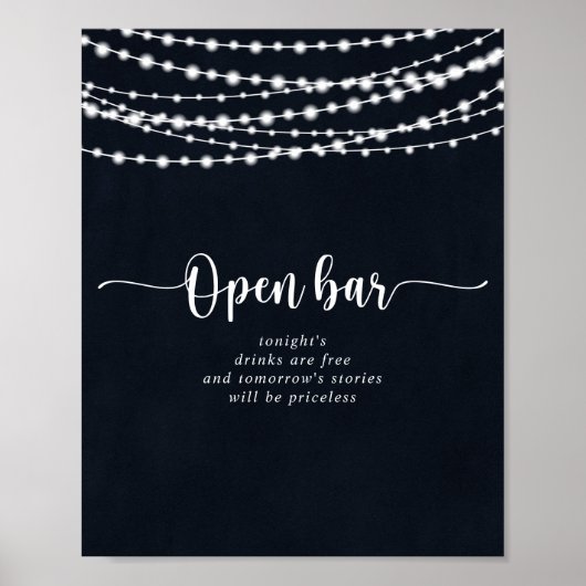 Rustikale String-Lichter Hochzeitung Open Bar Sign Poster (Vorne)