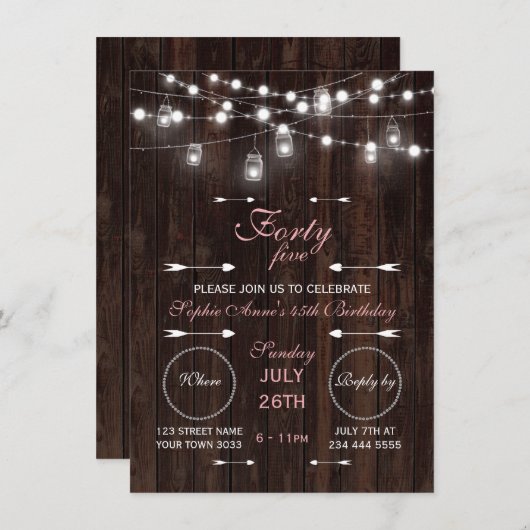 Rustikale String-Lichter verbergen jedes Alter Geb Einladung (Vorne/Hinten)