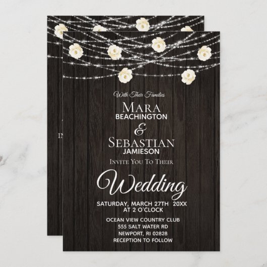*~* Rustikale String Light Floral Dark Wood Weddin Einladung (Vorne/Hinten)