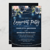 Rustikale String Light-Verlobung für Navy Blush Einladung (Vorne/Hinten)