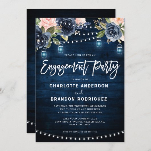 Rustikale String Light-Verlobung für Navy Blush Einladung (Vorne/Hinten)