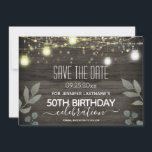 Rustikale String Lights 50. Geburtstag Save the Da Einladung<br><div class="desc">Outdoor Summer GRILLEN Jar Light Save the Date Geburtstagseinladungen. Alle Texte sind individuell einstellbar und lassen sich für Ihr eigenes Party leicht ändern. Großartiges elegantes 50. Geburtstagsgeschmacksdesign.</div>