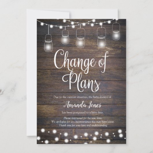 Rustikale String Lights Änderung der Pläne Ankündi Einladung (Vorderseite)