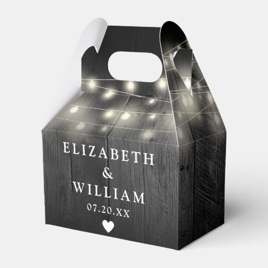 Rustikale String Lights Black Barn Wood Wedding Geschenkschachtel (Rückseite)