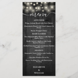 Rustikale String Lights Black Barn Wood Wedding Menükarte