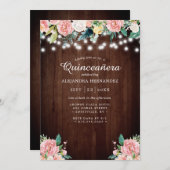 Rustikale String Lights Blush Floral Quinceañera Einladung (Vorne/Hinten)