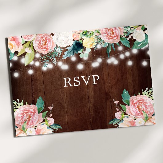 Rustikale String Lights Blush Floral Wedding RSVP Postkarte