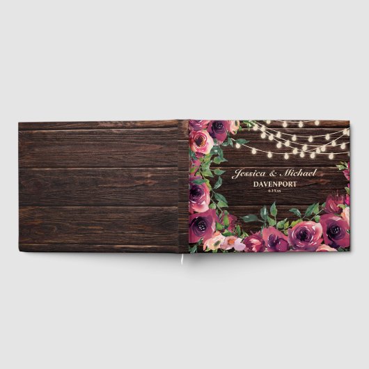 Rustikale String Lights Burgund Blumenhochzeit Gästebuch (Voll)