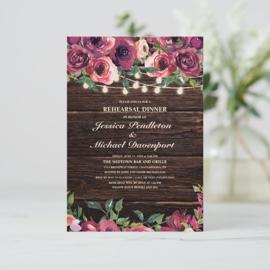 Rustikale String Lights Burgund Floral Probe Einladung (Stehend Vorderseite)