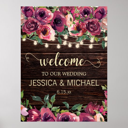 Rustikale String Lights Burgund Pink Floral Weddin Poster (Vorne)