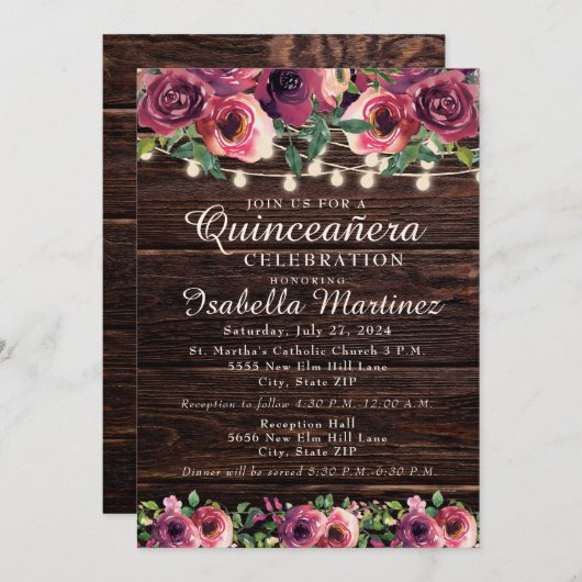 Rustikale String Lights Burgundy Floral Quinceañer Einladung (Vorne/Hinten)