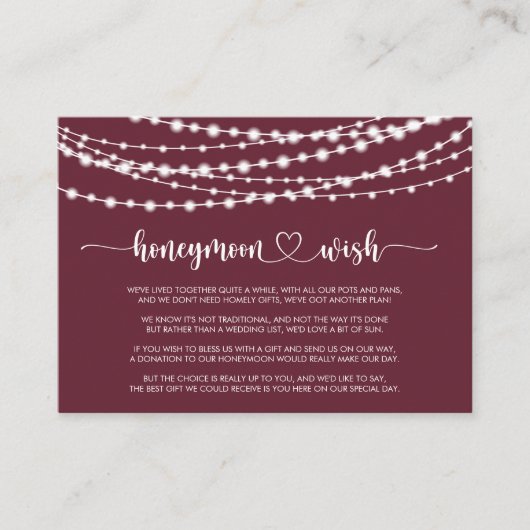 Rustikale String Lights Burgundy Honeymoon Wish Begleitkarte (Vorderseite)