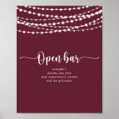Rustikale String lights Burgundy Wedding Open Bar Poster (Vorne)