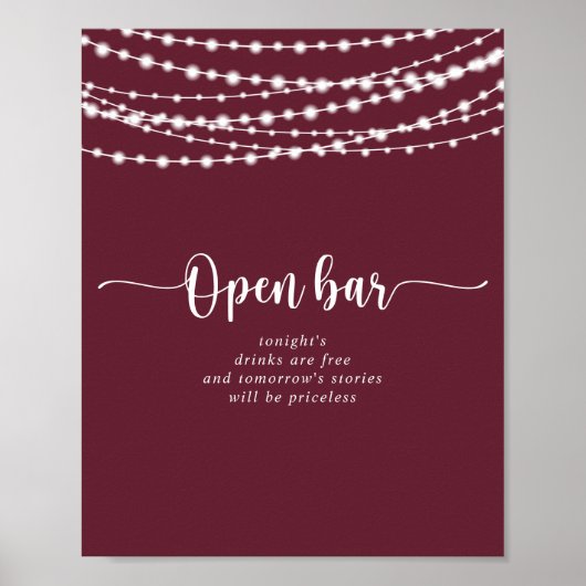 Rustikale String lights Burgundy Wedding Open Bar Poster (Vorne)