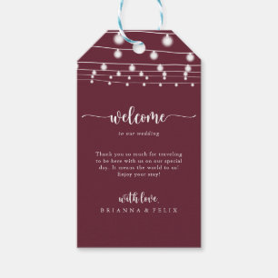 Rustikale String Lights Burgundy Wedding Willkomme Geschenkanhänger