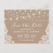 Rustikale String Lights Burlap Lace | SAVE THE DAT Ankündigungspostkarte (Vorderseite)