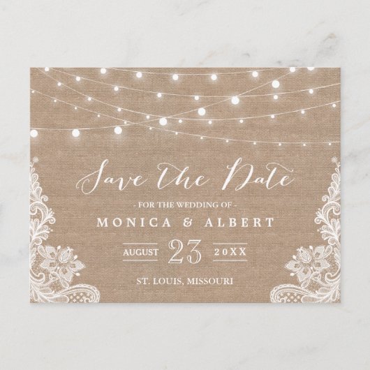 Rustikale String Lights Burlap Lace | SAVE THE DAT Ankündigungspostkarte (Vorderseite)