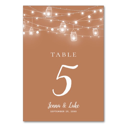 Rustikale String-Lights Doppelseitige Hochzeitstis Tischnummer (Rückseite)