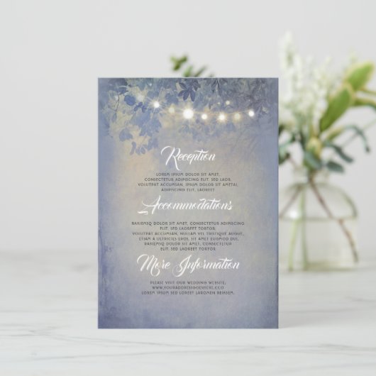 Rustikale String Lights Dusty Blue Wedding Details Begleitkarte (Stehend Vorderseite)