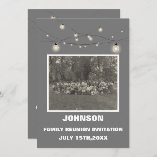 Rustikale String Lights & Family Foto Wiedersehen Einladung (Vorne/Hinten)
