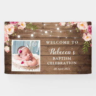 Rustikale String Lights Floral Baby Taufe Willkomm Banner