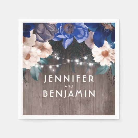 Rustikale String Lights Floral Navy und Royal Blue Serviette (Vorderseite)