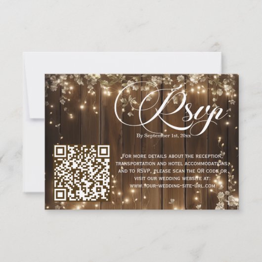 Rustikale String Lights Floral QR Code Wedding RSV RSVP Karte (Vorderseite)