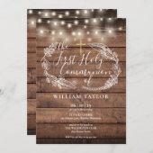 Rustikale String Lights Foliage Erste heilige Komm Einladung (Vorne/Hinten)