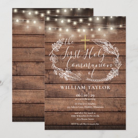 Rustikale String Lights Foliage Erste heilige Komm Einladung (Vorne/Hinten)