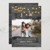 Rustikale String Lights Foto Save the Date Karte (Vorne/Hinten)
