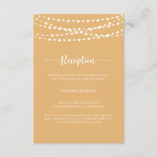 Rustikale String Lights Gelbe Hochzeitsempfehlung Begleitkarte (Vorderseite)