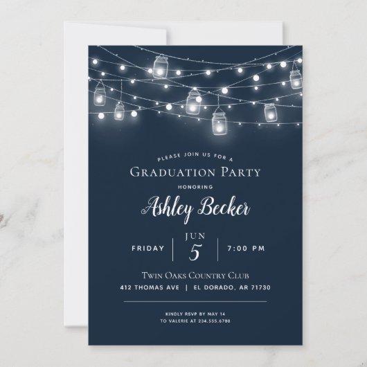 Rustikale String Lights Graduation Party GRILLEN Einladung (Vorderseite)