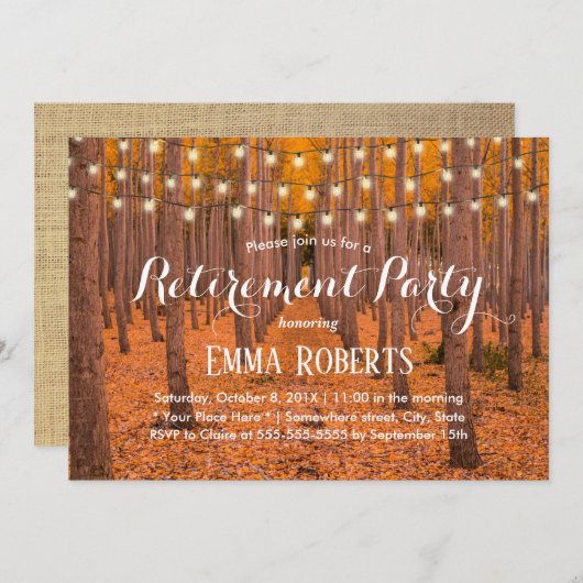 Rustikale String Lights Herbst Woods Retirement Einladung (Vorne/Hinten)