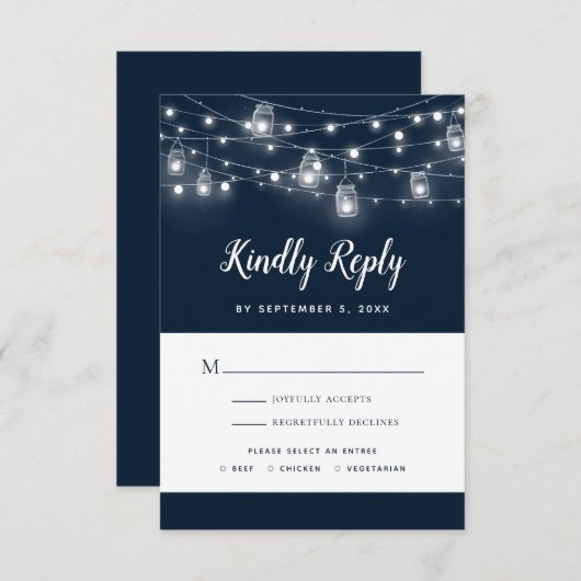 Rustikale String Lights Hochzeit RSVP Karte (Vorne/Hinten)