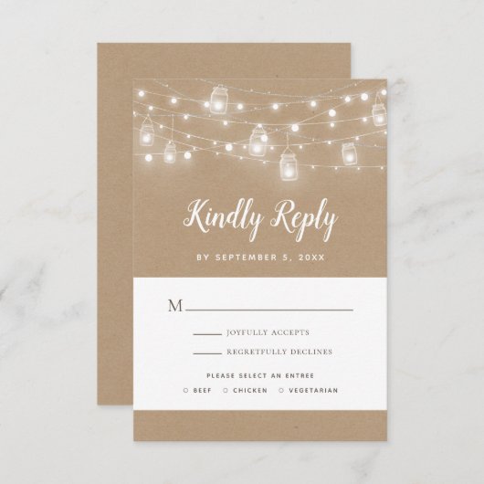 Rustikale String Lights Hochzeit RSVP Karte (Vorne/Hinten)