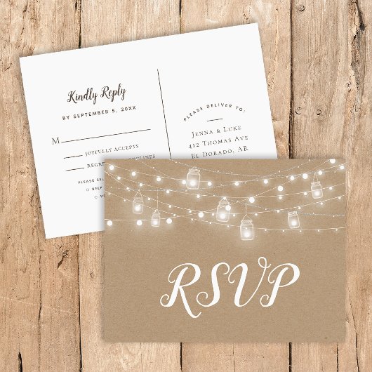Rustikale String Lights Hochzeit RSVP Postcard Einladungspostkarte