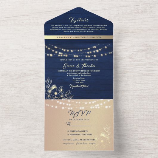 Rustikale String Lights Hochzeit von Marine und Go All In One Einladung (Innen)