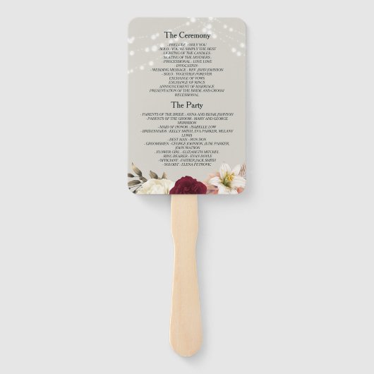 Rustikale String Lights Hochzeitprogramm-Lüfter Fächer (Rückseite)