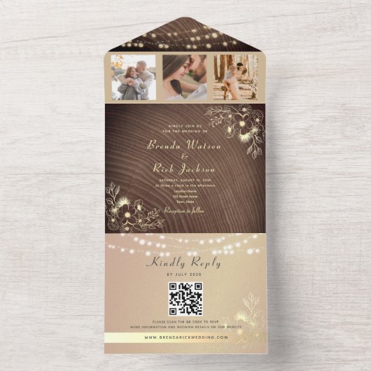 Rustikale String Lights Hochzeitsstift QR-Code All In One Einladung (Innen Boden)