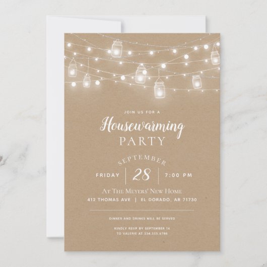 Rustikale String Lights Housewarming-Party Einladu Einladung (Vorderseite)