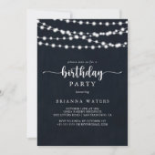 Rustikale String Lights Kalligraphie Geburtstagspa Einladung (Vorderseite)