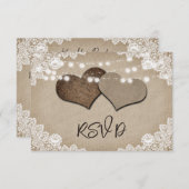 Rustikale String Lights Lace Burlap Hearts Wedding RSVP Karte (Vorne/Hinten)